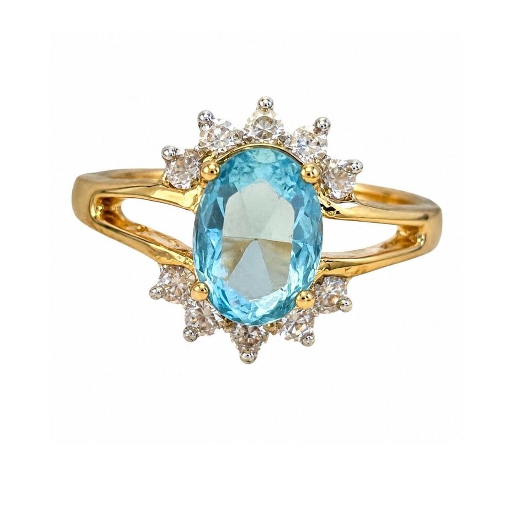 Vintage 1970s Cocktail Ring Size 5 Blue CZ 14KT Gold Plated - 14X